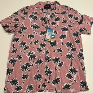 Casual Pink and Black Button Down Shirt with Tropical Palm Tree Print, LARGE